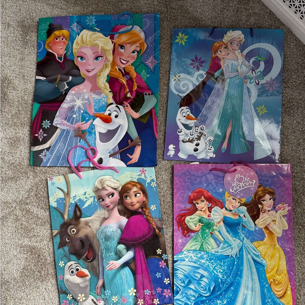 Disney Frozen and Princess Gift Bags - Blue and Purple  all 4 bags included
